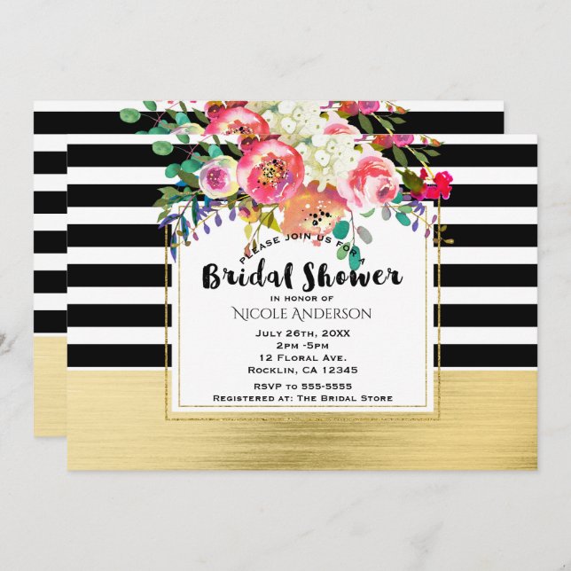 Invitación Dorado blanco negro moderno Floral Glam Bridal Sho (Anverso / Reverso)