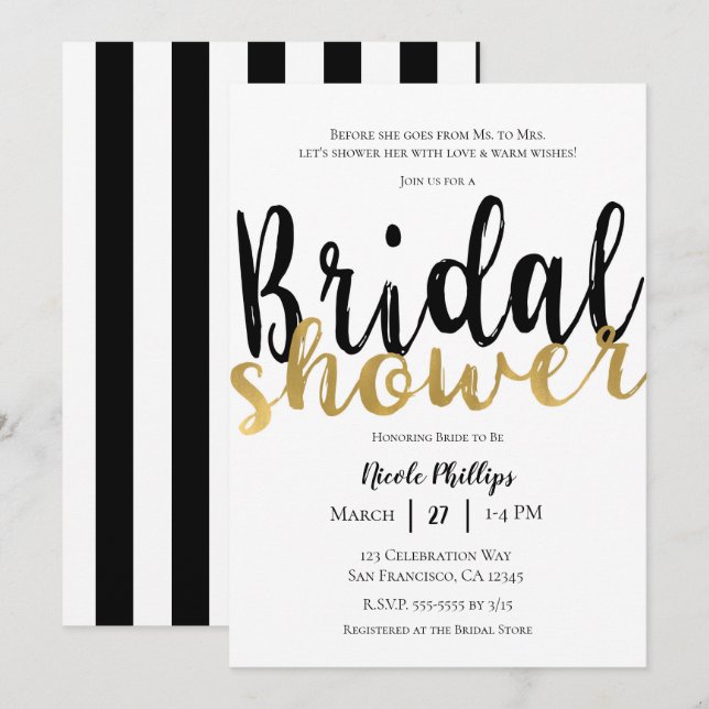Invitación Dorado blanco negro moderno Glam Bridal Shower (Anverso / Reverso)
