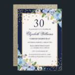 Invitación Dorado Blue floral Sparkle 30 cumpleaños invitació<br><div class="desc">Más invitaciones de cumpleaños florales en la Pequeña Tienda Bayleigh!</div>