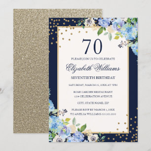 Invitación Dorado Blue floral Sparkle 70th Birthday Invitatio