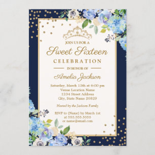 Invitación Dorado Blue floral Sparkle Sweet 16 Invitado