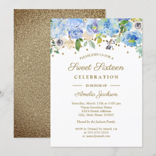 Invitación Dorado Blue Floral Watercolor Dulce Dieciséis Invi