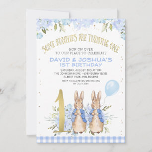 Invitación Dorado Blue Twins Floral Peter Rabbit 1 cumpleaños