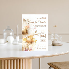 Invitación Dorado Boda moderno con flor blanca y dorada