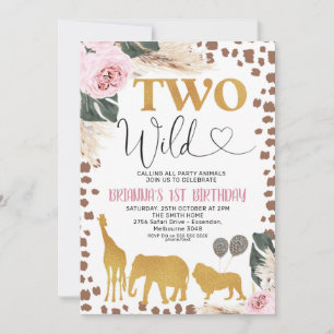 Invitación Dorado Boho Floral Safari Dos salvajes cumpleaños 
