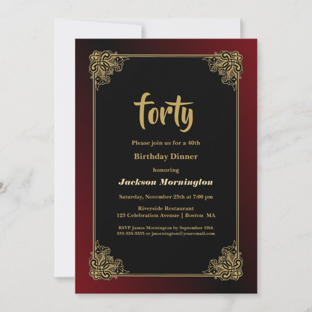 Invitación Dorado Borde Negro 40 cumpleaños cena (Anverso)