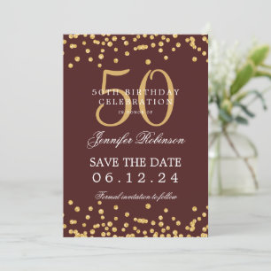 Invitación Dorado Borgoña 50 cumpleaños Save the Date Detalle