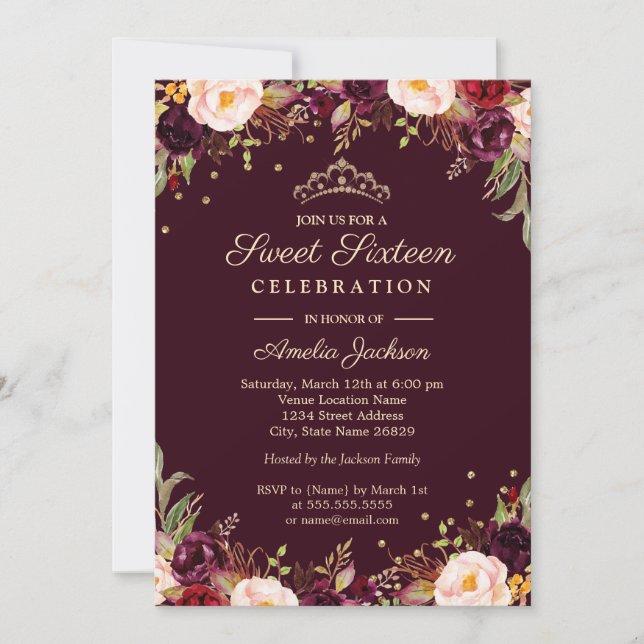 Invitación Dorado Borgoña Elegante Dulce Floral Dieciséis (Anverso)