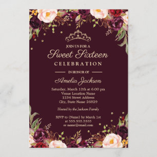 Invitación Dorado Borgoña elegante dulce floral dieciséis