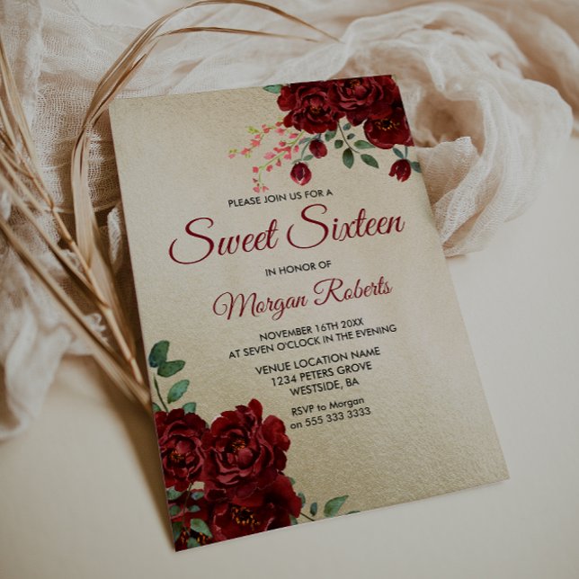 Invitación Dorado Borgoña Rojo Rosa Floral Dulce 16 Invite (Subido por el creador)