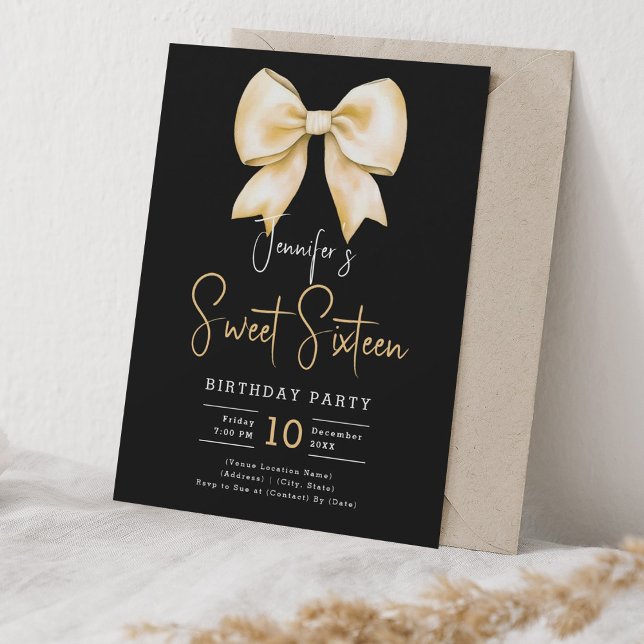 Invitación Dorado Bow Coquette Script Dulce 16 Fiesta Negro (Gold Bow Coquette Script Sweet 16 Party Black Invitation)