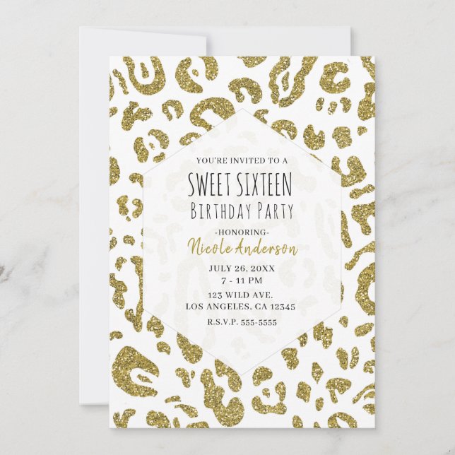 Invitación Dorado Brillo Cheetah Blanco Leopardo Dulces 16 Fi (Anverso)