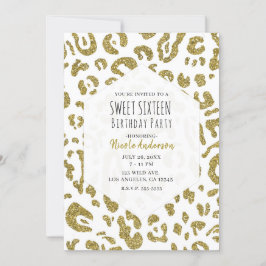 Invitación Dorado Brillo Cheetah Blanco Leopardo Dulces 16 Fi