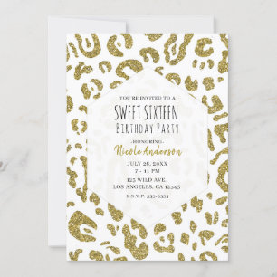 Invitación Dorado Brillo Cheetah Blanco Leopardo Dulces 16 Fi