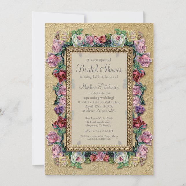 Invitación Dorado Brocade Floral Formal Elegante Ducha Bridal (Anverso)