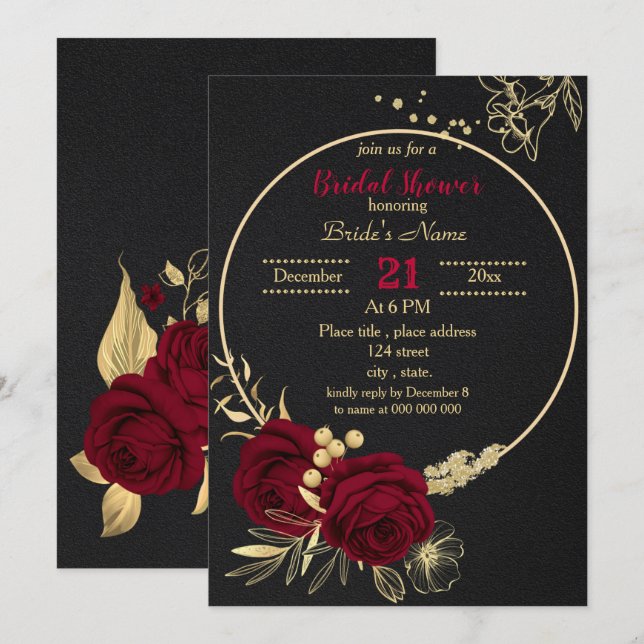 Invitación dorado burdeos círculo floral ducha de novia negra (Anverso / Reverso)