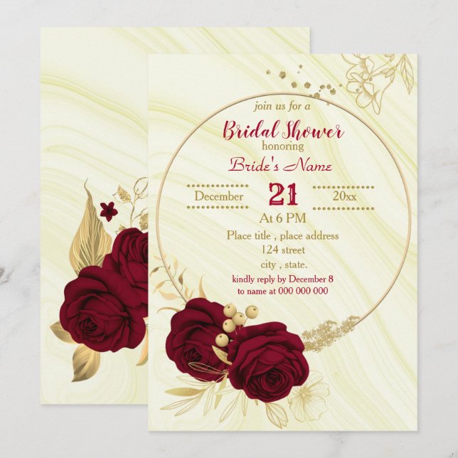 Invitación dorado burdeos círculo floral mármol ducha de novi (Anverso / Reverso)