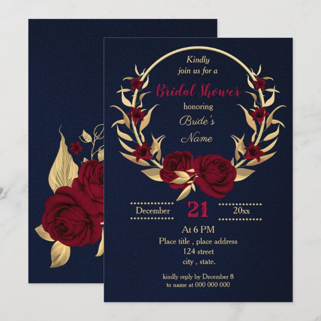 Invitación dorado burdeos floral azul marino ducha de novia (Anverso / Reverso)