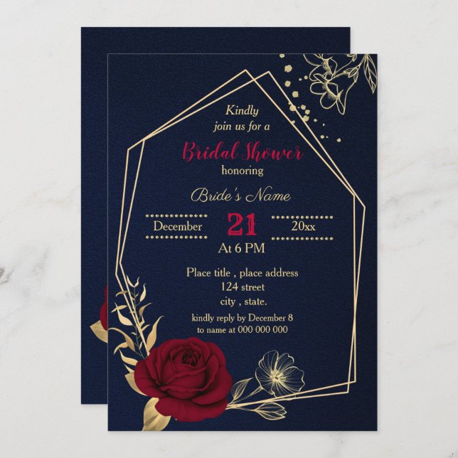 Invitación dorado burdeos floral azul marino ducha de novia (Anverso / Reverso)