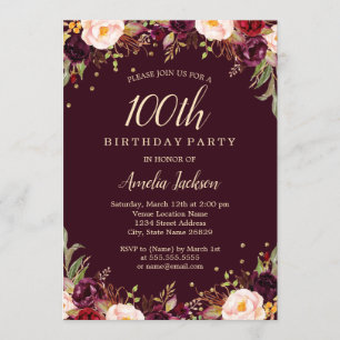 Invitación Dorado Burgundy Elegant Floral 100 cumpleaños fies