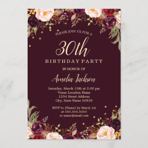 Invitación Dorado Burgundy Elegant Floral 30 cumpleaños Fiest