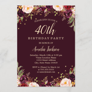 Invitación Dorado Burgundy Elegant Floral 40 cumpleaños Fiest