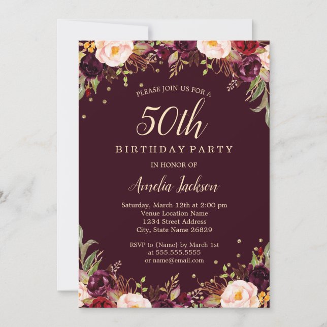 Invitación Dorado Burgundy Elegant Floral 50 cumpleaños fiest (Anverso)