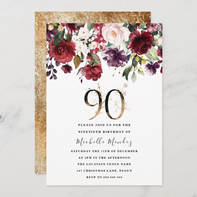 Invitación Dorado Burgundy Floral Elegante 90 cumpleaños (Anverso / Reverso)