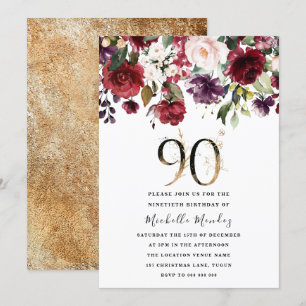 Invitación Dorado Burgundy Floral Elegante 90 cumpleaños
