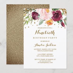 Invitación Dorado Burgundy Floral Purpurina 90 cumpleaños