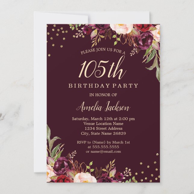 Invitación Dorado Burgundy floral Sparkle 105th Birthday Part (Anverso)