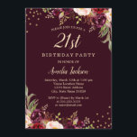 Invitación Dorado Burgundy floral Sparkle 21ª Fiesta de cumpl<br><div class="desc">Más invitaciones de cumpleaños florales en la Pequeña Tienda Bayleigh!</div>