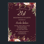 Invitación Dorado Burgundy floral Sparkle 21ª Fiesta de cumpl<br><div class="desc">Más invitaciones de cumpleaños florales en la Pequeña Tienda Bayleigh!</div>