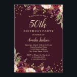 Invitación Dorado Burgundy floral Sparkle 50th Birthday Party<br><div class="desc">Más invitaciones de cumpleaños florales en la Pequeña Tienda Bayleigh!</div>