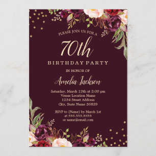 Invitación Dorado Burgundy floral Sparkle 70th Birthday Party