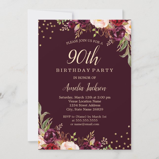 Invitación Dorado Burgundy floral Sparkle 90th Birthday Party (Anverso)