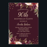 Invitación Dorado Burgundy floral Sparkle 90th Birthday Party<br><div class="desc">Más invitaciones de cumpleaños florales en la Pequeña Tienda Bayleigh!</div>