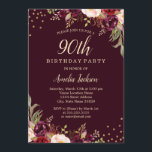 Invitación Dorado Burgundy floral Sparkle 90th Birthday Party<br><div class="desc">Más invitaciones de cumpleaños florales en la Pequeña Tienda Bayleigh!</div>