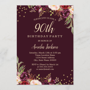Invitación Dorado Burgundy floral Sparkle 90th Birthday Party