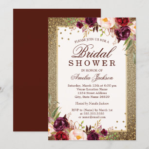 Invitación Dorado Burgundy floral Sparkle Bridal Shower