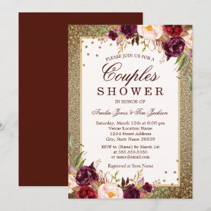 Invitación Dorado Burgundy floral Sparkle Couples Shower