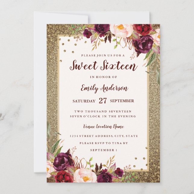 Invitación Dorado Burgundy floral Sparkle Sweet 16 Invite (Anverso)