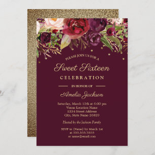 Invitación Dorado Burgundy Floral Watercolor Dulce Dieciséis
