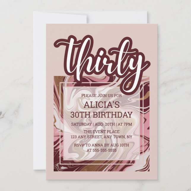 Invitación Dorado Burgundy Marble Rosa Fluid 30 cumpleaños (Anverso)