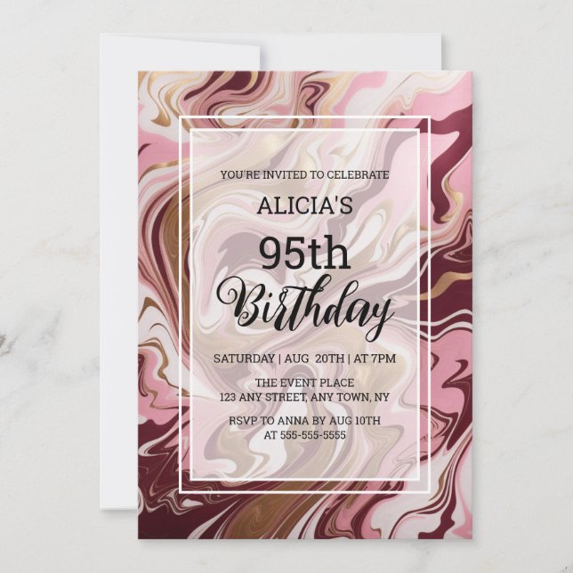 Invitación Dorado Burgundy Pink Marble Fluid 95º cumpleaños (Anverso)
