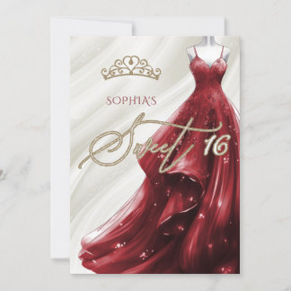 Invitación Dorado Burgundy Red Sparkle Vestido Dulce 16