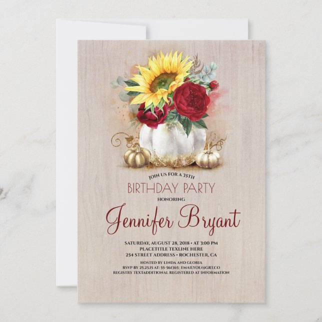 Invitación Dorado Calabaza Rojo Floral Vasa Rústica Caída Cum (Anverso)
