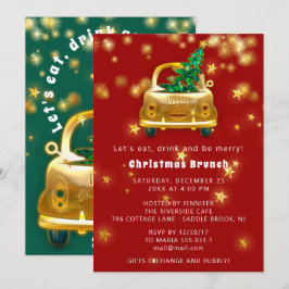 Invitación Dorado Car Merry Navidad Brunch Dinar Verde Rojo