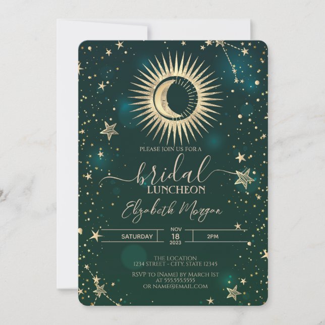 Invitación Dorado Celestial Sol Luna Estrellas Luncheon Verde (Anverso)