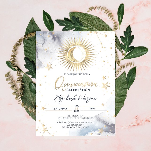 Invitación Dorado Celestial Sol, Luna, Estrellas Quinceañera (Subido por el creador)